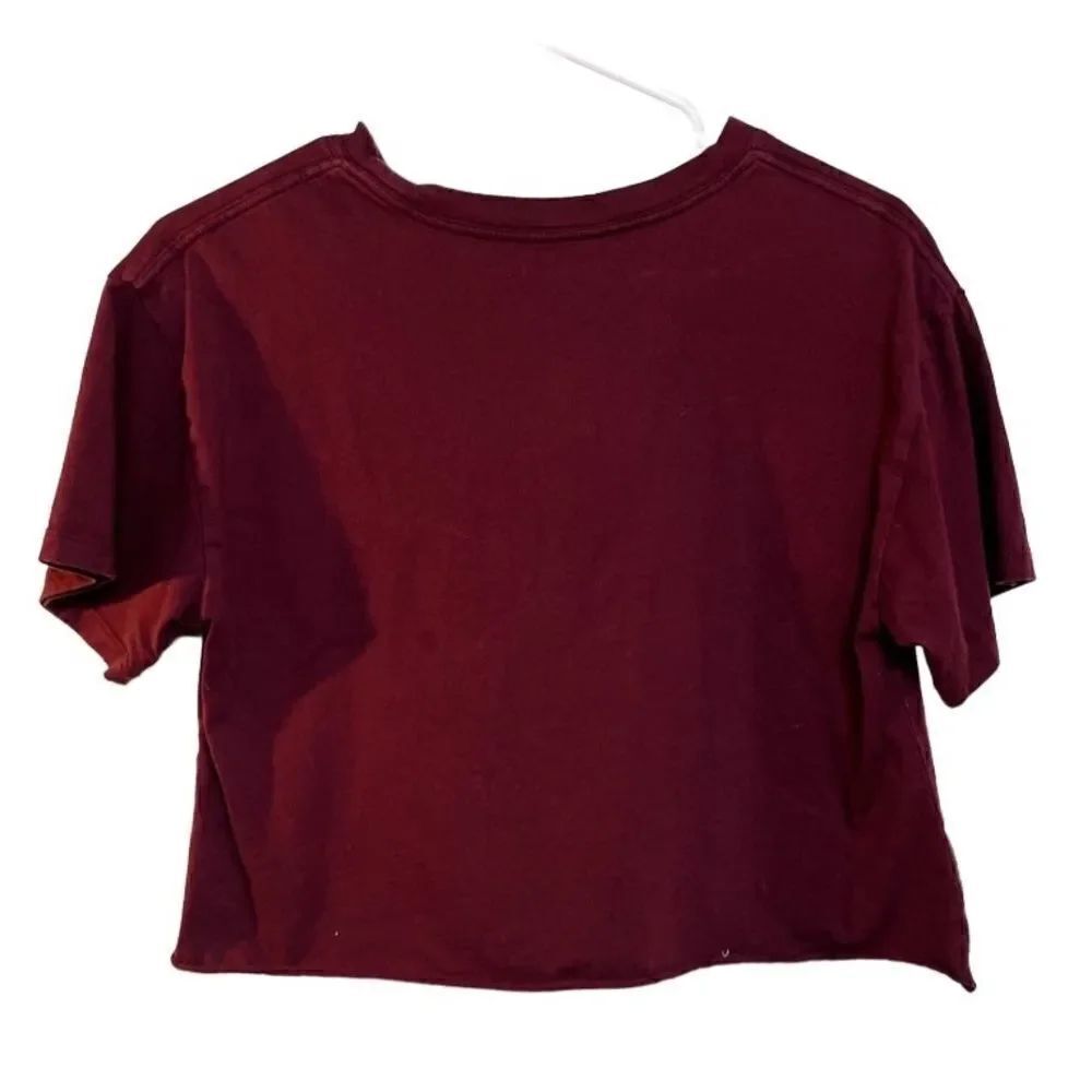 Cold Crush Floral Raw Edge Short Sleeve Crop Top Maroon Red Size Medium - Picture 2 of 5